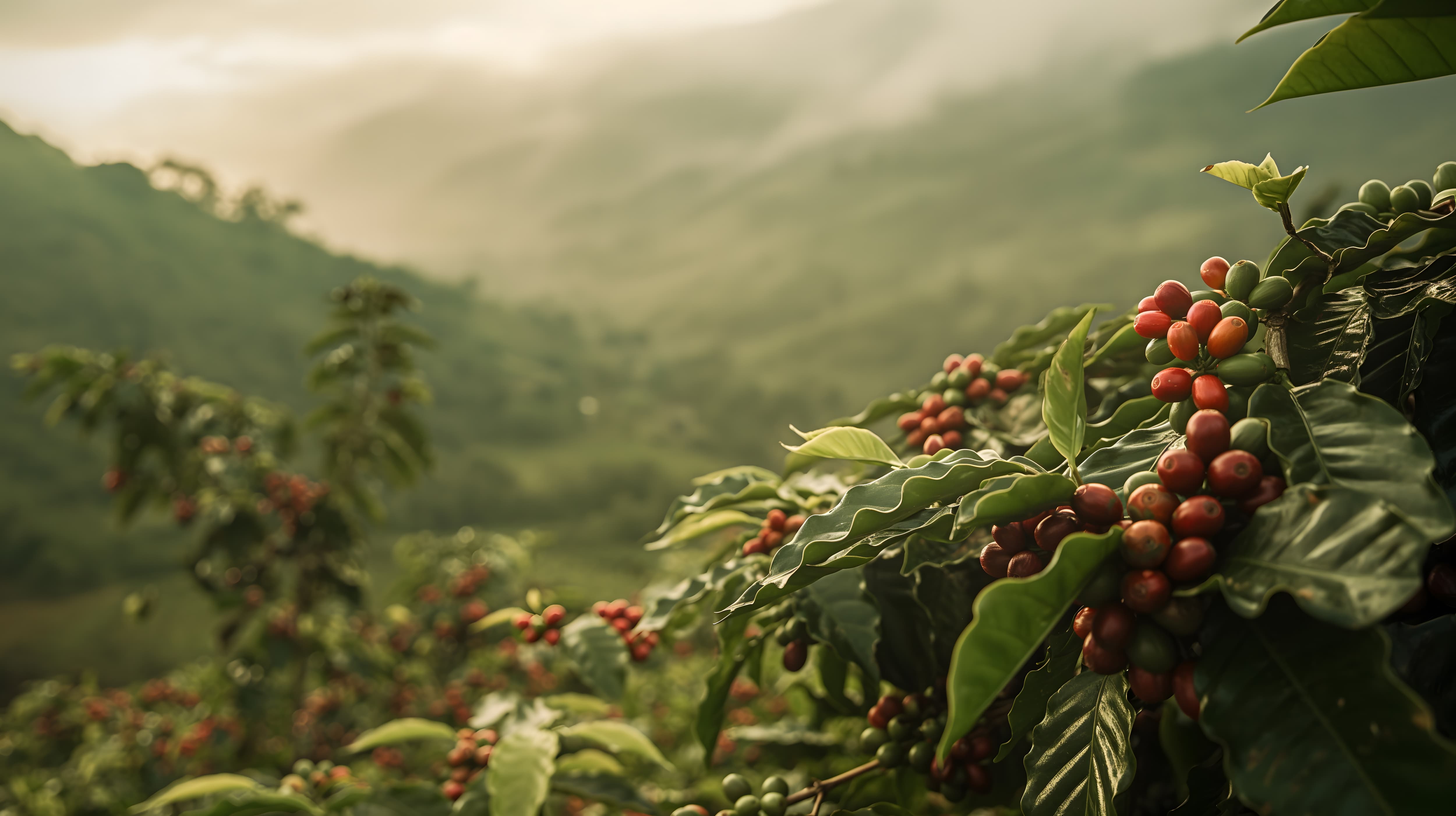 Reife Kaffeekirschen wachsen auf einer Plantage in hügeliger Landschaft.