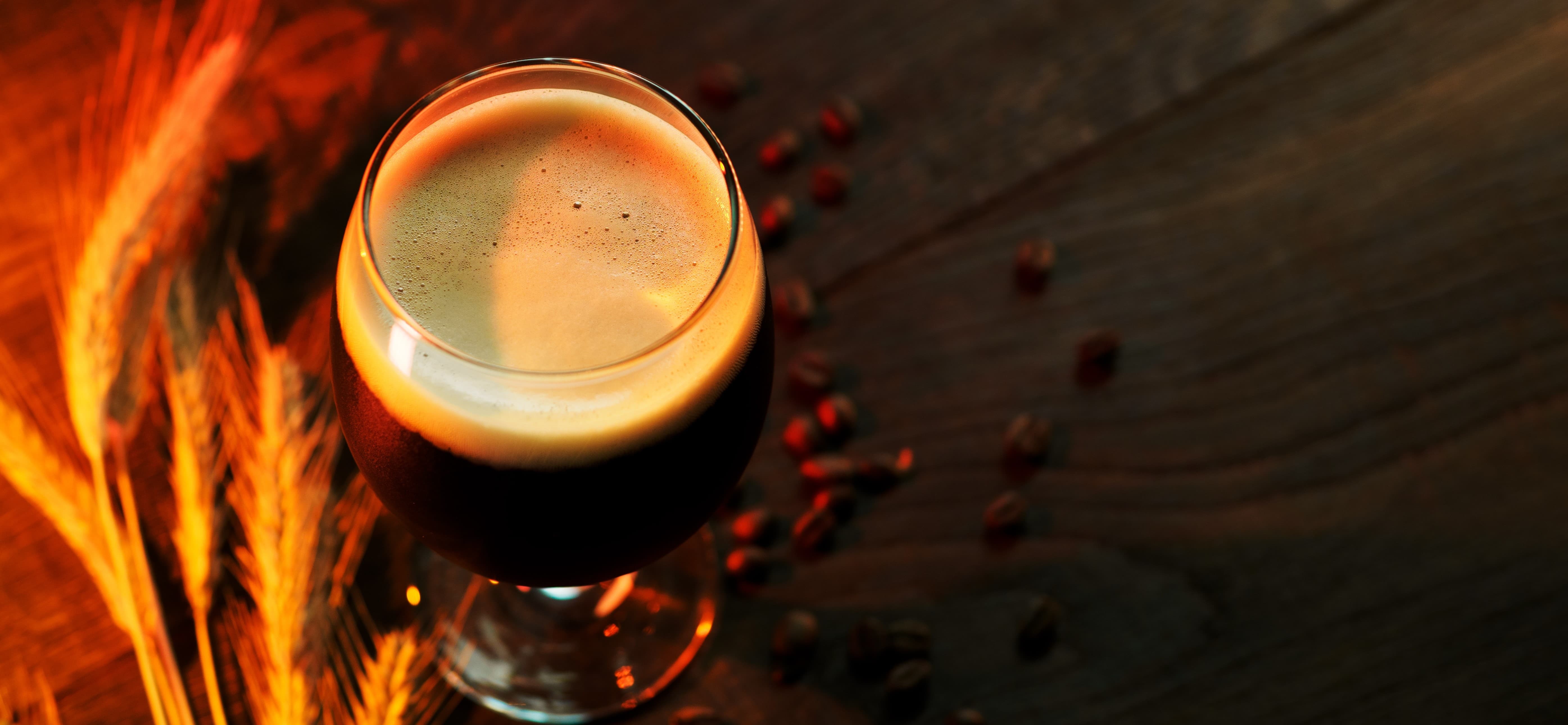 Dunkles Stout Bier im Glas mit Kaffeebohnen und Getreideähren, herbstliche Stimmung.