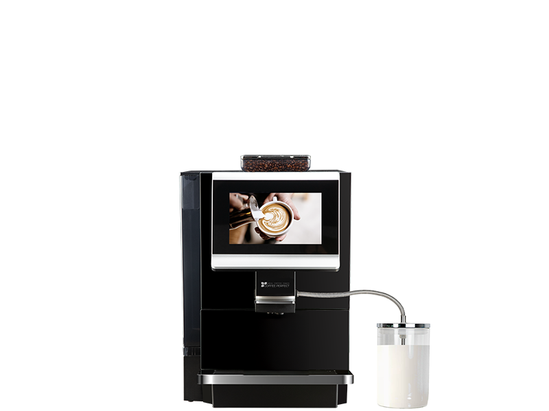 Freigestelltes Produktbild des MP10 Kaffeevollautomaten mit Milchbehalter, Touchdisplay und Bohnenbehaelter.