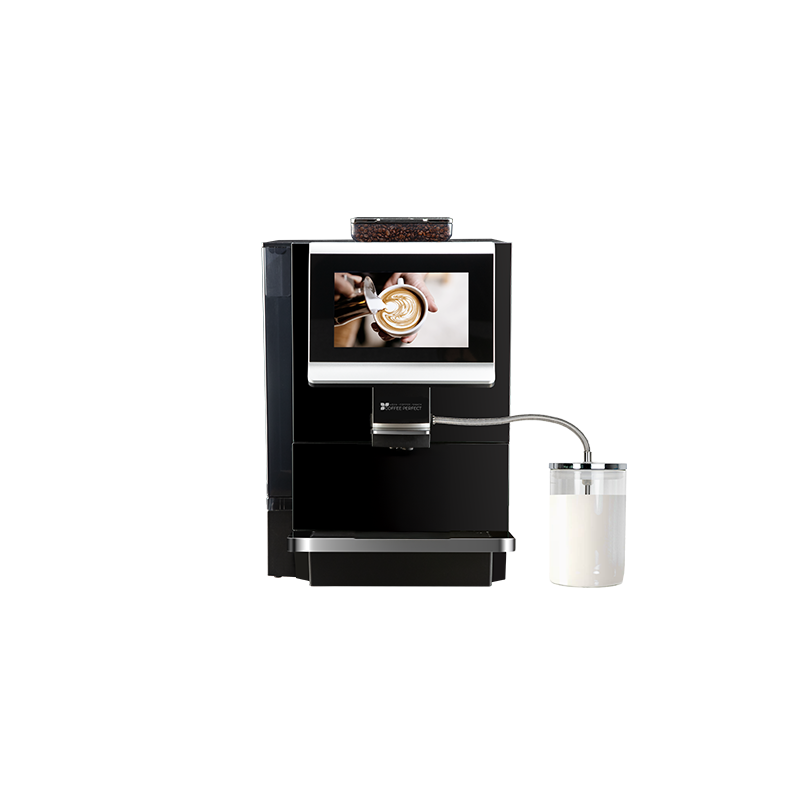 Kaffeevollautomat MP10 von Coffee Perfect mit Milchbehaelter und großem Touchdisplay, frontal vor schwarzem Hintergrund fotografiert.