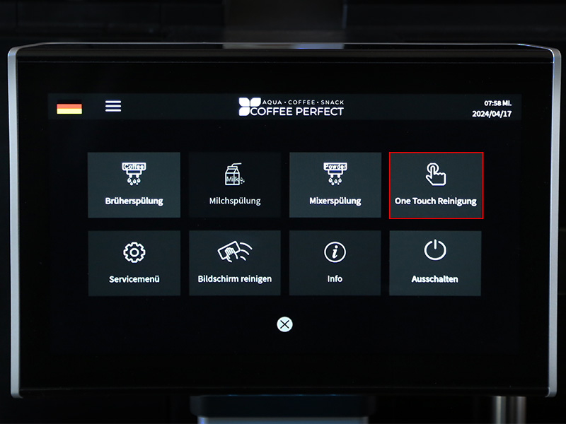 Display eines CP30 Kaffeevollautomaten mit Auswahl der One Touch Reinigungsfunktion im Menue.