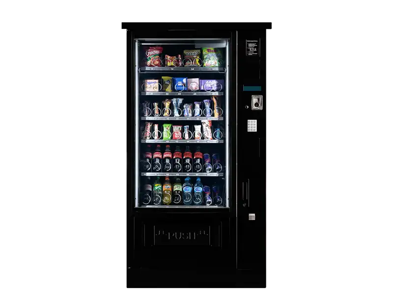 Frontalaufnahme eines modernen SP80 Snackautomat von Coffee Perfect mit Snacks und Getraenken.